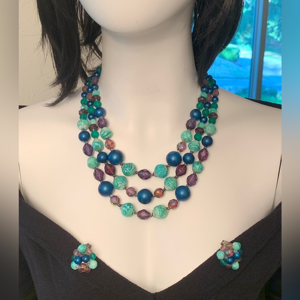Vintage 1960s Beaded Necklace & Clip-On Earring Set – Turquoise, Navy & Purple